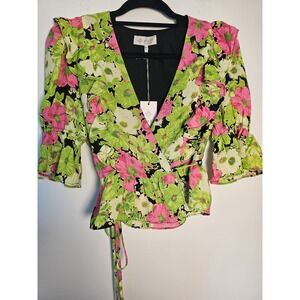 Cottagecore WAYF Floral Wrap Peplum Top Womens XS Pink Green Ruffle V-Neck